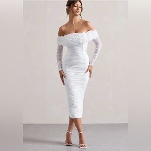 CLUB LONDON - WHITE MESH RUCHED FLORAL BARDOT LACE-UP MIDI DRESS
